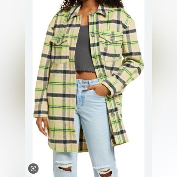 BP Brushed Plaid Oversize‎ Shirt Jacket in Tan Ravenwood Plaid Medium - Picture 2 of 7